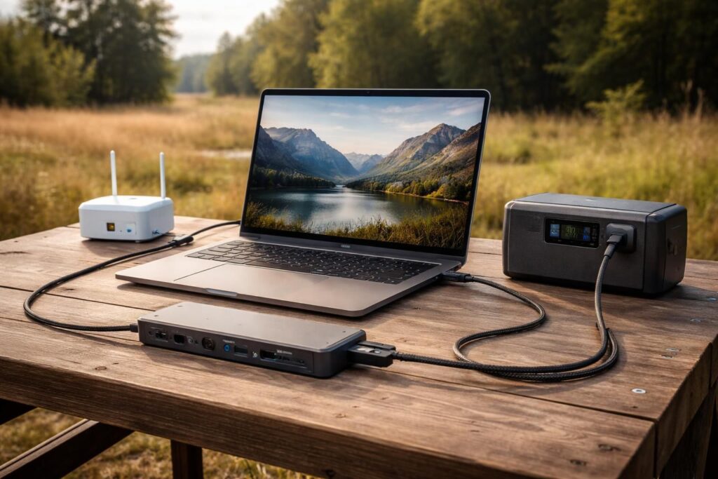 Bureau mobile : dock, 4G, batterie – setup PC portable pour terrain