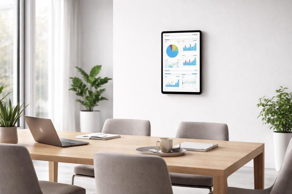 Bureaux : iPad au mur pour briefs, KPI et planning, aménagement clean