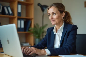 Femme professionnelle accédant à son webmail EDF à distance depuis un bureau à domicile sécurisé