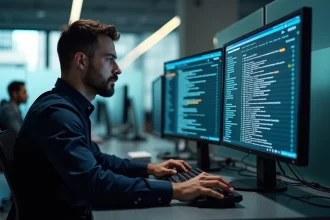 Analyste informatique examinant des données d'enregistrement de domaine sur des écrans affichant des résultats WHOIS dans un bureau professionnel moderne
