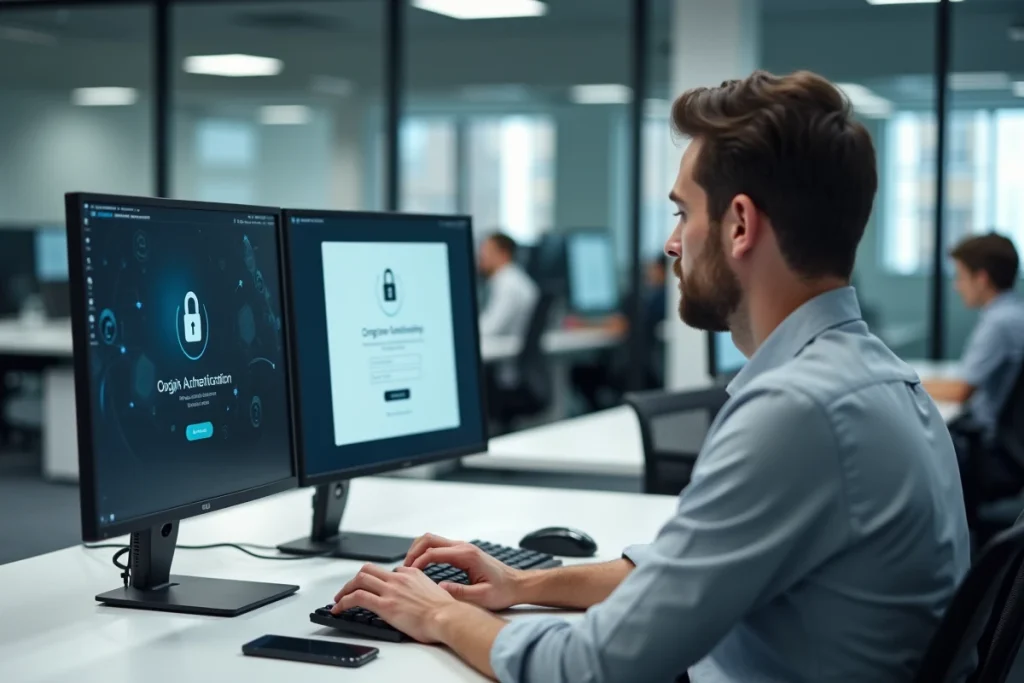 Employé EDF utilisant une authentification à deux facteurs pour accéder au webmail depuis un bureau en entreprise