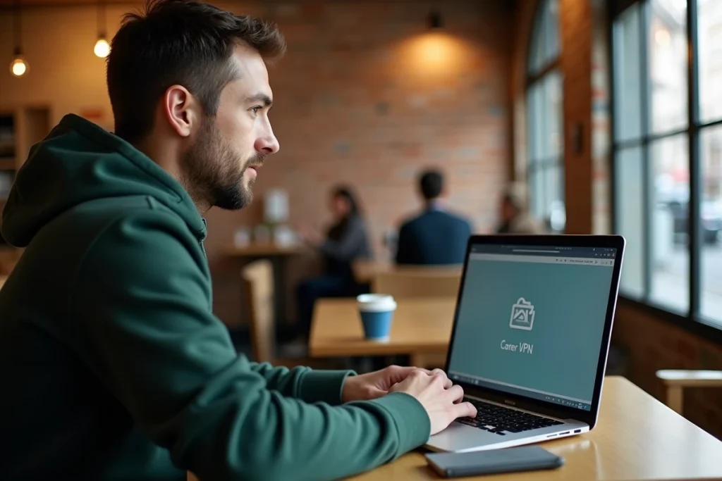 Personne accédant au webmail EDF via VPN depuis un café public en respectant les règles de cybersécurité