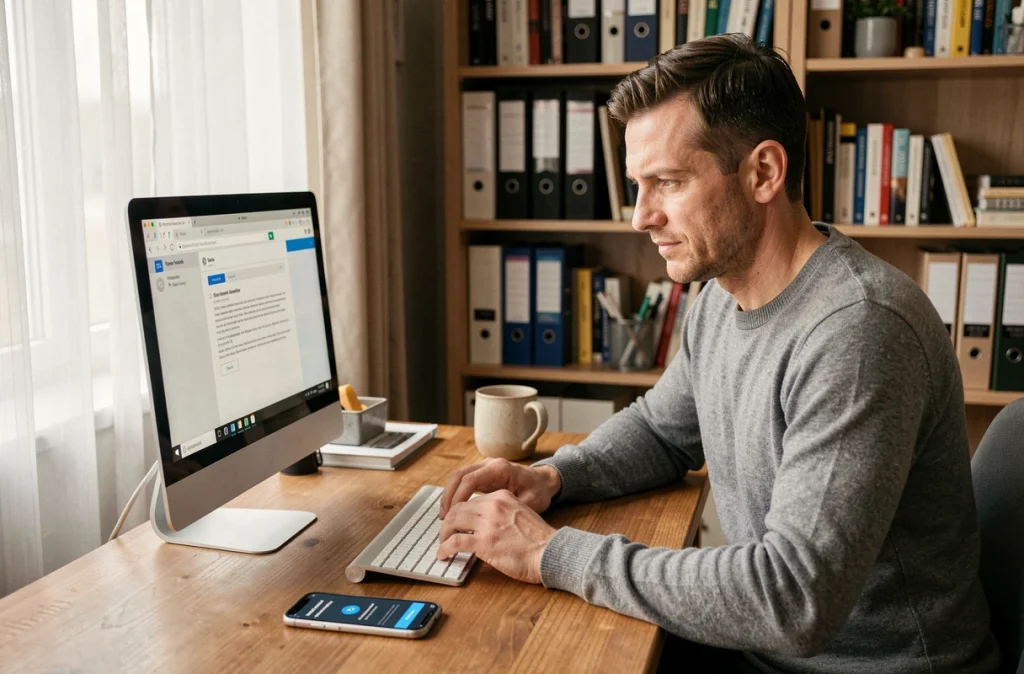 Homme en télétravail vérifiant un accès sécurisé à sa messagerie web avec authentification à deux facteurs sur ordinateur et smartphone