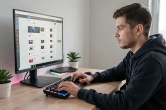 Jeune homme achetant des crédits Valorant en toute sécurité sur son ordinateur de bureau à domicile