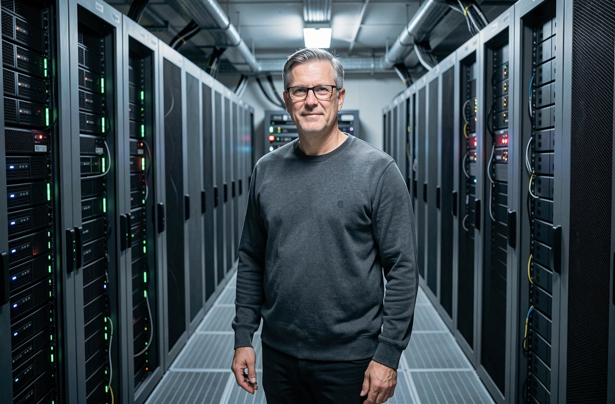 Administrateur informatique dans une salle de serveurs vérifiant la sécurité des données cloud