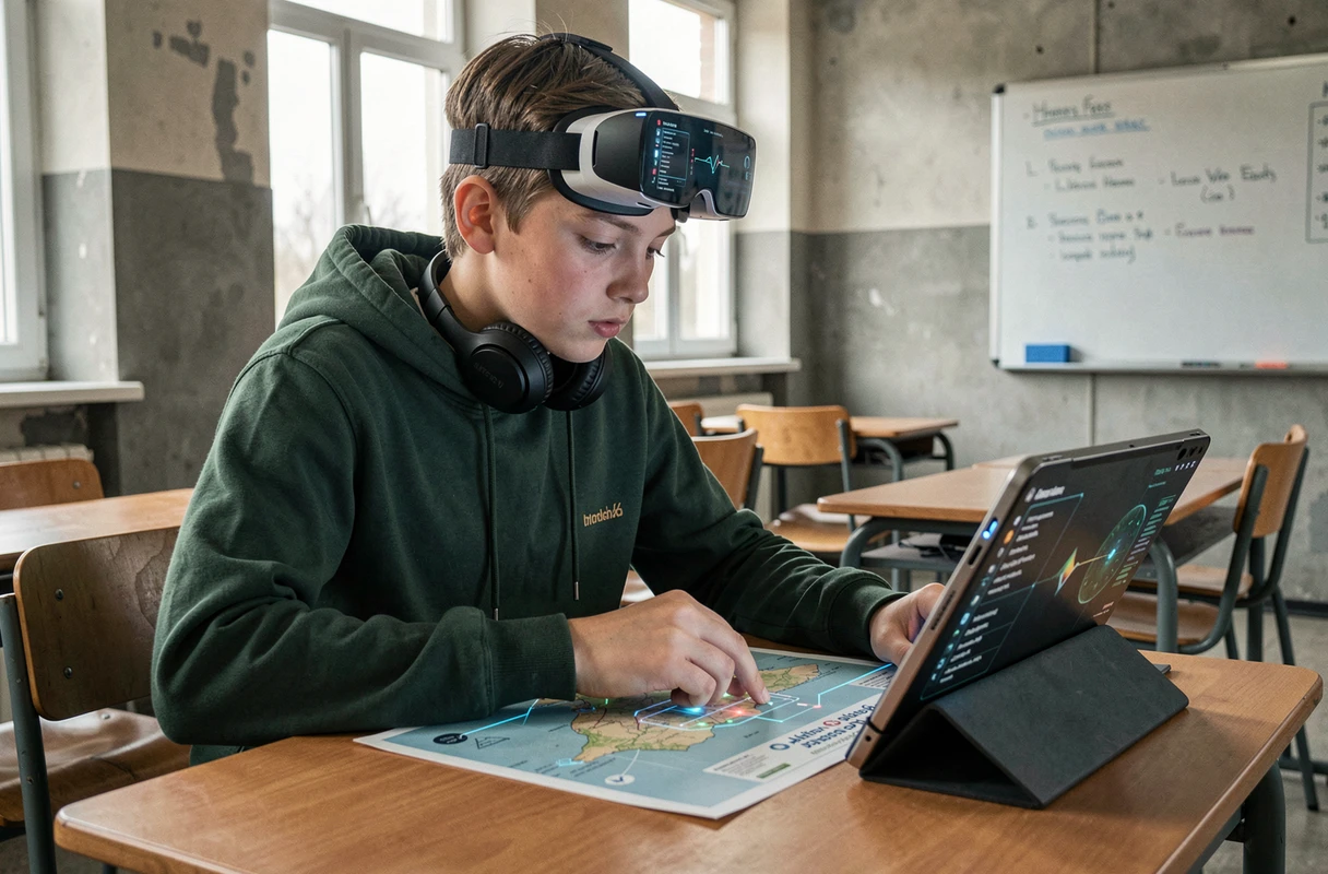 Adolescent utilisant un casque de réalité augmentée et une tablette en classe pour explorer des cartes interactives