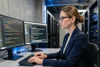Une analyste en cybersécurité examine des journaux réseau sur deux écrans dans un bureau informatique moderne lors d'un audit de sécurité