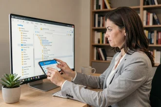 Femme professionnelle organisant ses archives d'e-mails sur un écran d'ordinateur de bureau dans un bureau moderne
