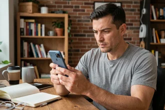 Homme tenant un téléphone Google Pixel et l'examinant attentivement après un an d'utilisation intensive