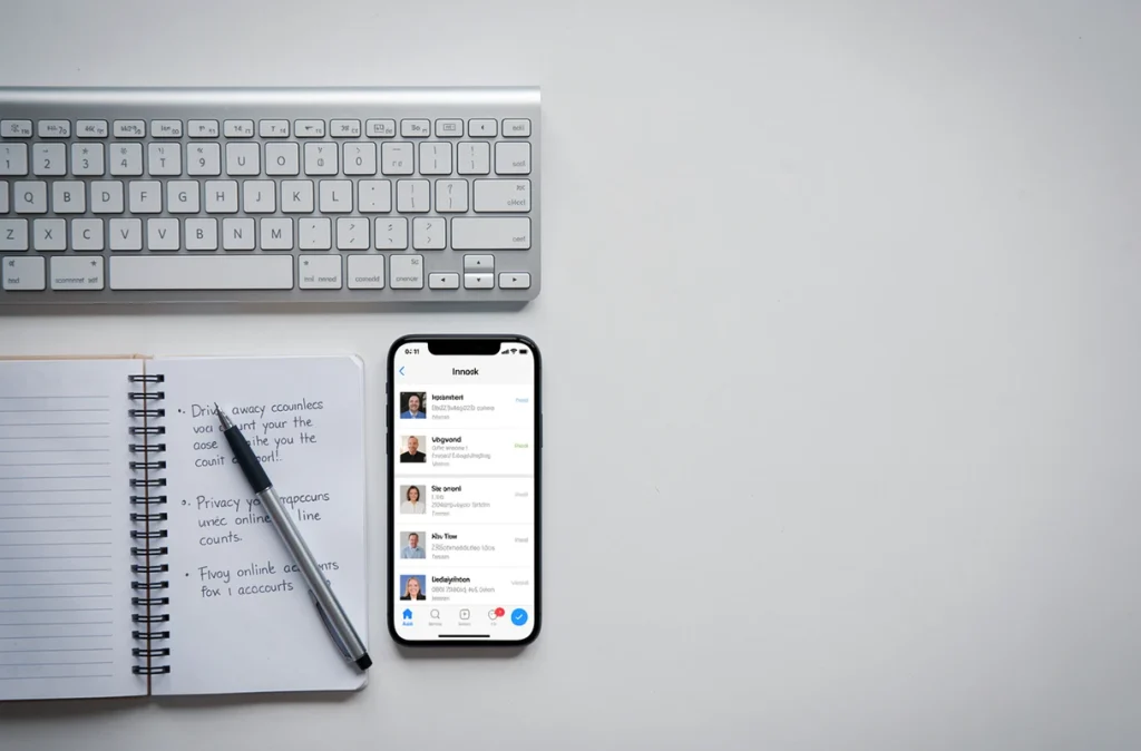 Vue de dessus d'un bureau minimaliste avec clavier, smartphone affichant une boîte mail jetable et notes manuscrites sur la confidentialité en ligne