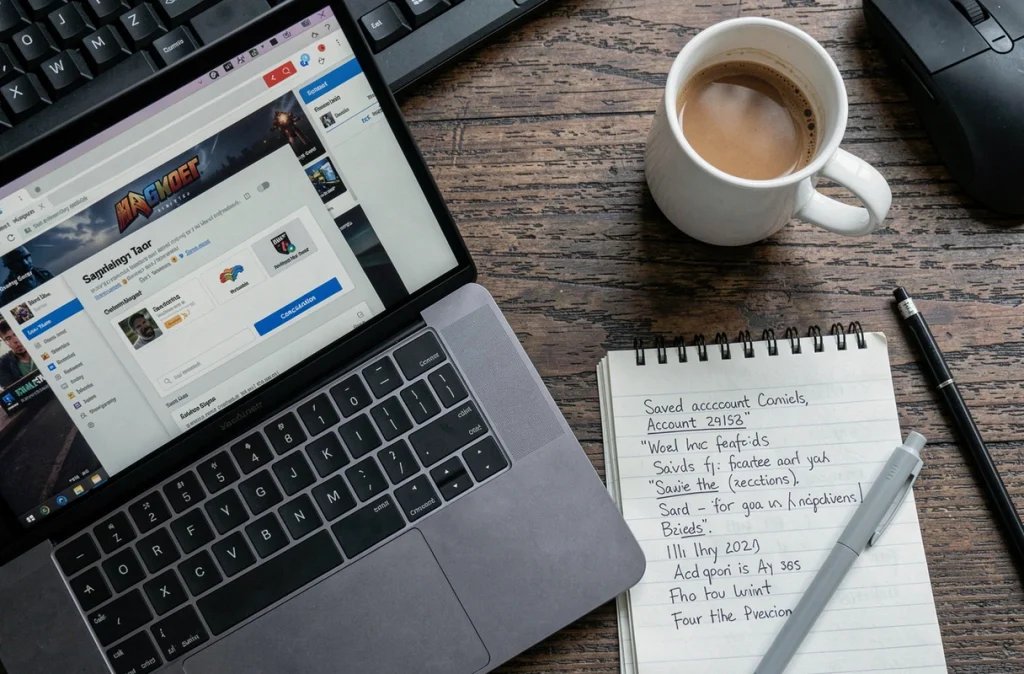 Vue aérienne d'un bureau avec un écran de paramètres de compte gaming, un carnet de notes et une tasse de café