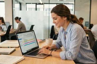 Femme travaillant sur un document Word partagé en temps réel dans un bureau moderne en open space