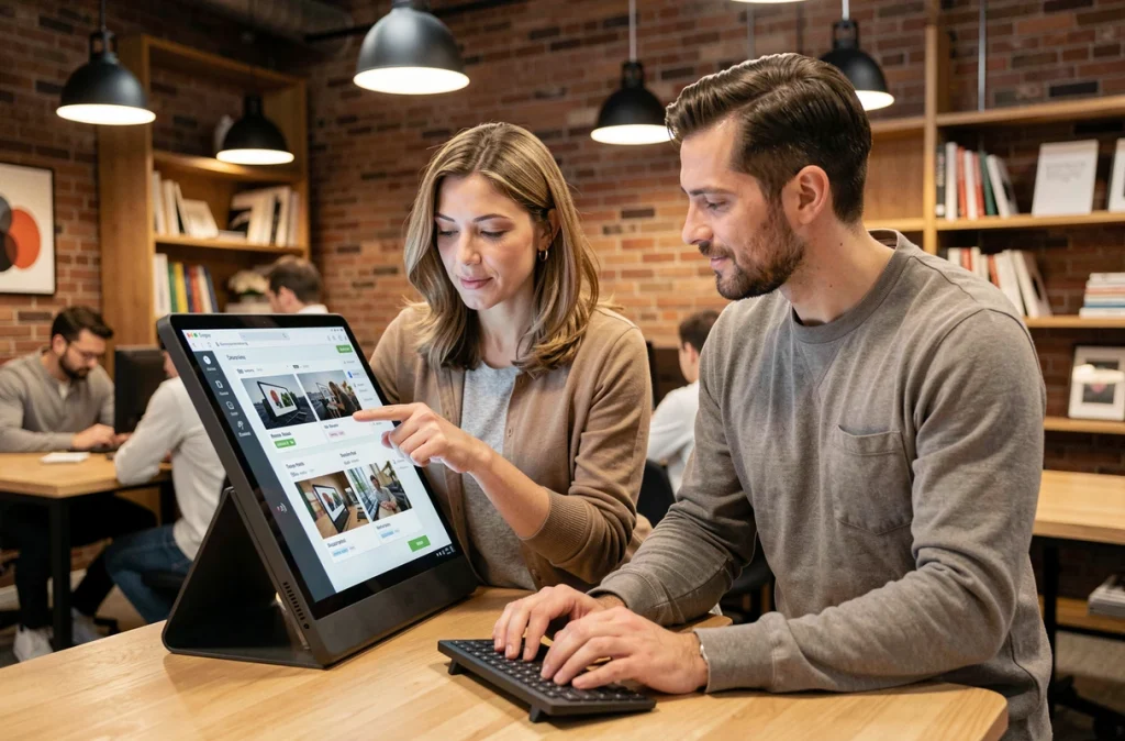 Deux professionnels collaborant sur l'optimisation de prompts IA dans un espace de coworking moderne
