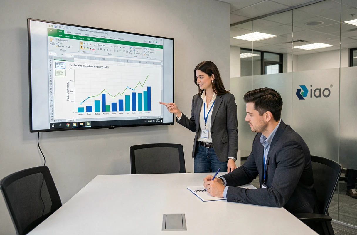 Deux collègues analysant des graphiques dynamiques Excel sur un écran mural lors d'une réunion professionnelle