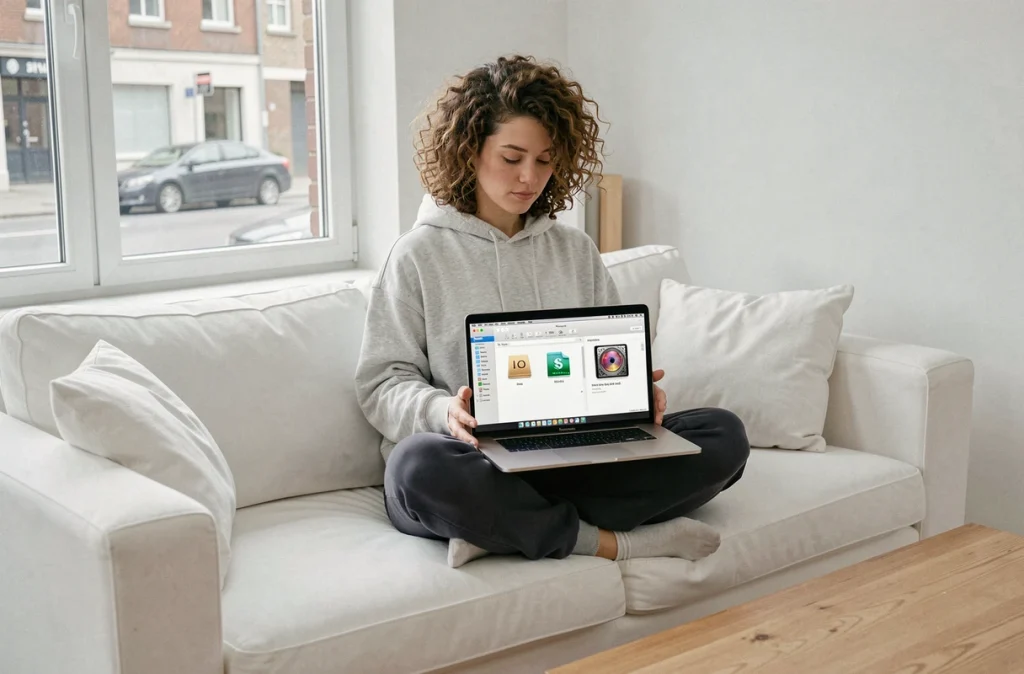 Femme comparant des fichiers DMG et ISO de macOS Sierra sur un MacBook Air dans un salon moderne
