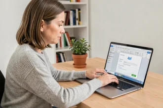 Femme configurant un compte mail AOL dans Outlook sur un ordinateur portable dans un bureau à domicile