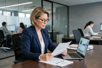 Professionnelle analysant des documents de conformité réglementaire RGPD sur un bureau en entreprise