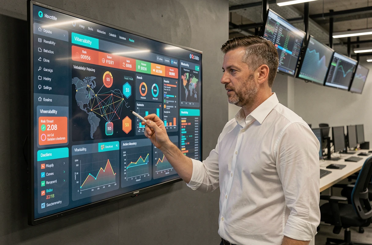 Un consultant en cybersécurité présente un tableau de bord d'évaluation des vulnérabilités dans un centre opérationnel de sécurité lors d'un audit d'entreprise