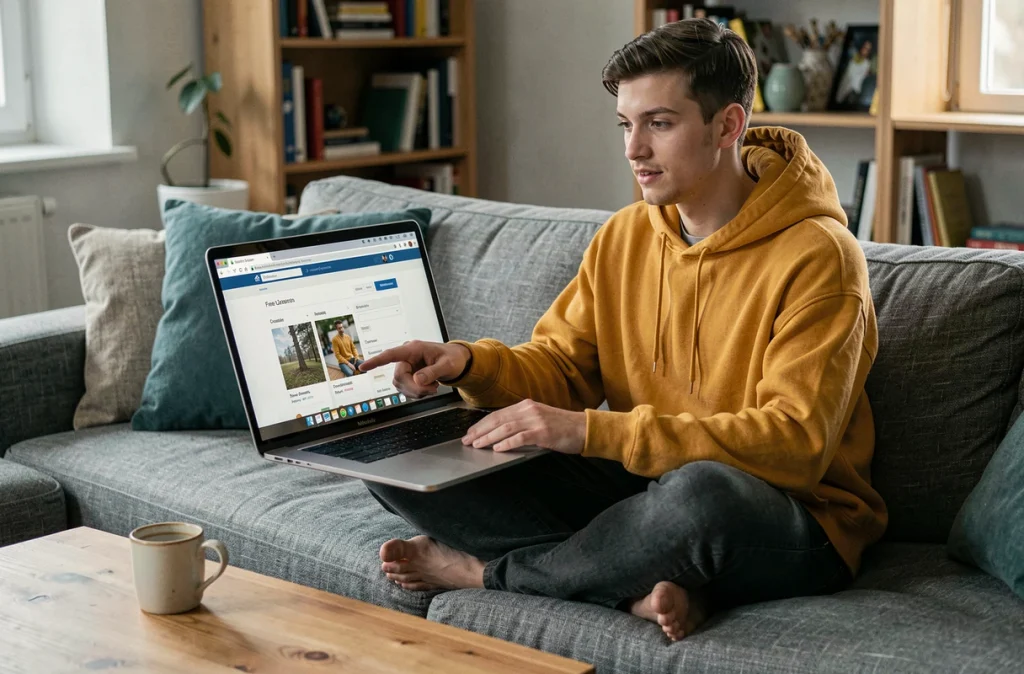 Personne convertissant des fichiers JFIF en JPEG via un outil en ligne sur un laptop Windows depuis son canapé