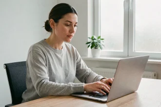 Femme utilisant un MacBook pour convertir un fichier JFIF en JPEG sur macOS dans un bureau à domicile