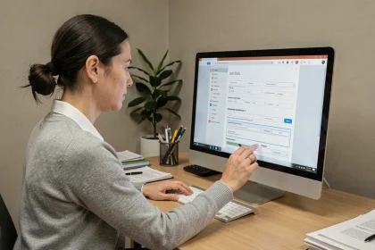 Femme créant un formulaire interactif dans un document bureautique sur un ordinateur de bureau en open space