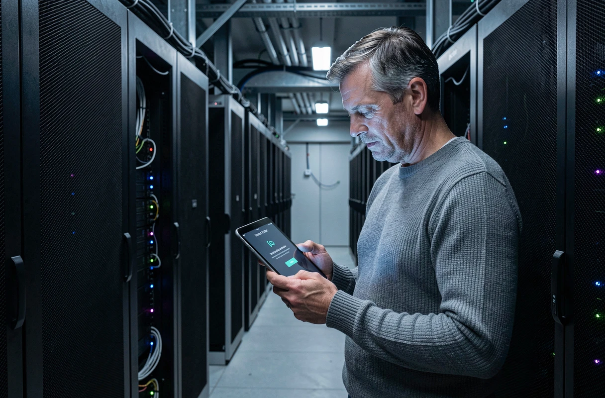 Professionnel IT examinant une authentification à deux facteurs dans une salle de serveurs sécurisée