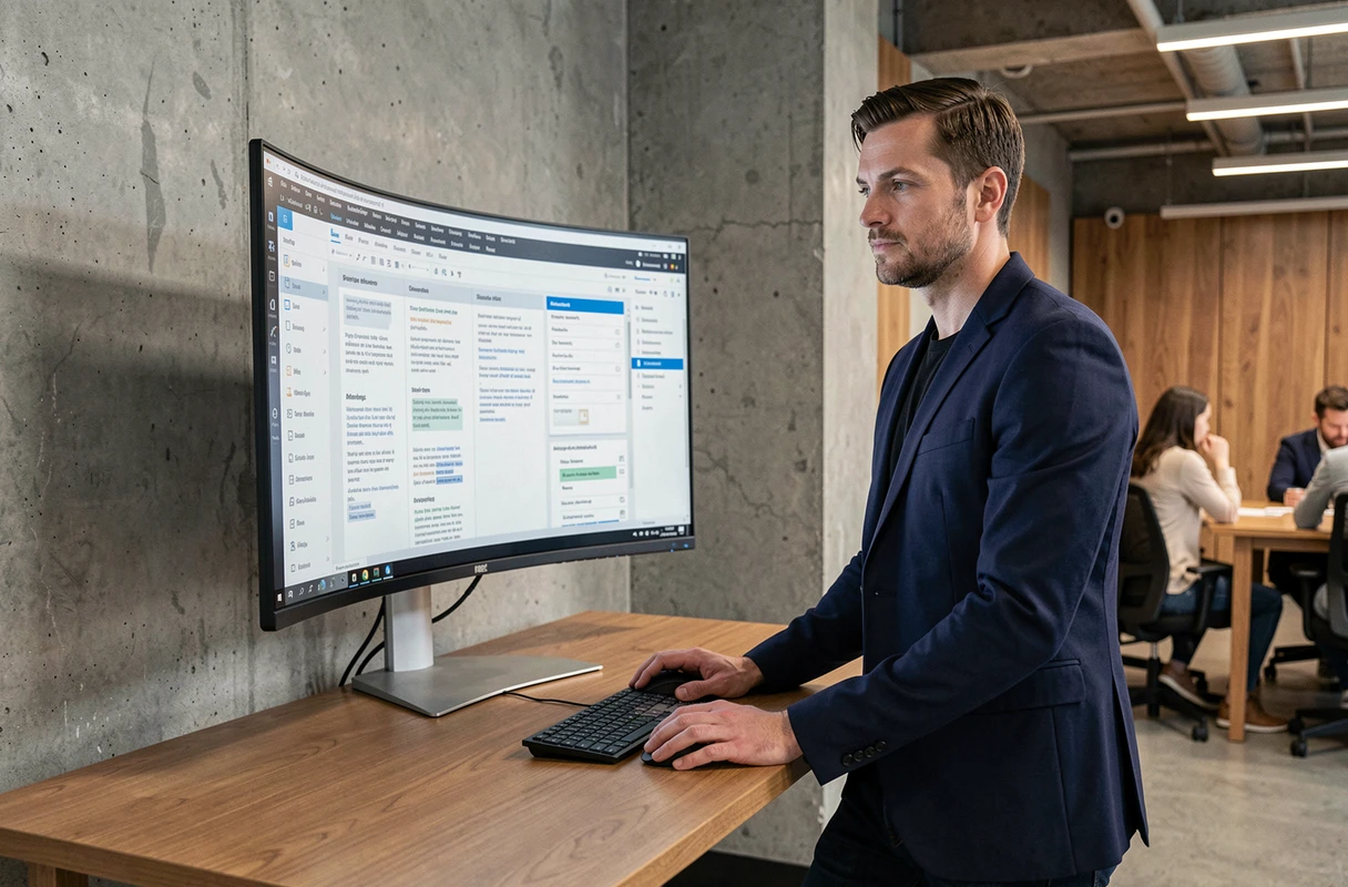 Designer graphique masculin debout devant un écran affichant la mise en page d'un rapport professionnel dans un espace de coworking