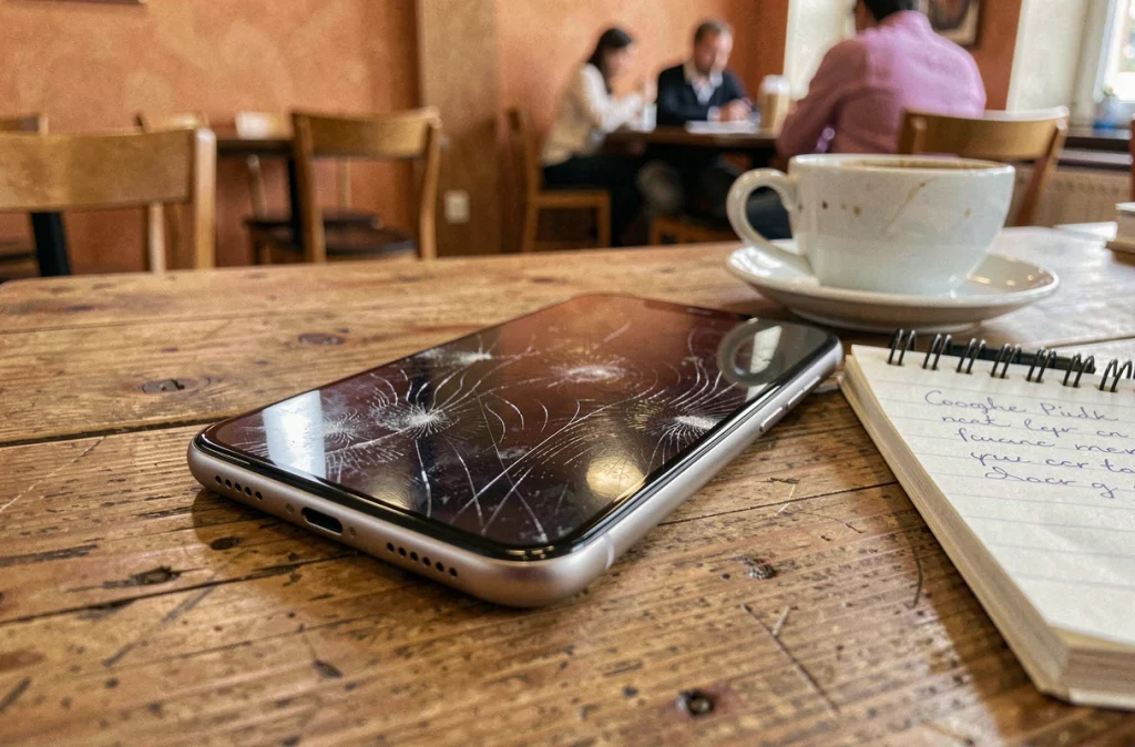 Gros plan d'un téléphone Google Pixel usé après un an d'utilisation, posé sur une table de café avec des rayures visibles