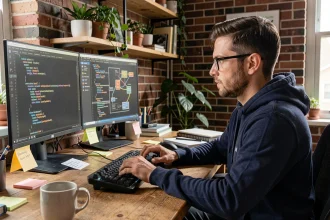 Développeur web concentré sur son code CSS de positionnement absolu devant deux écrans dans un bureau à domicile