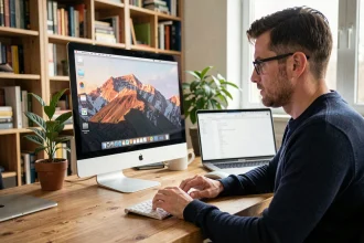 Développeur installant macOS Sierra sur un iMac dans un bureau à domicile moderne