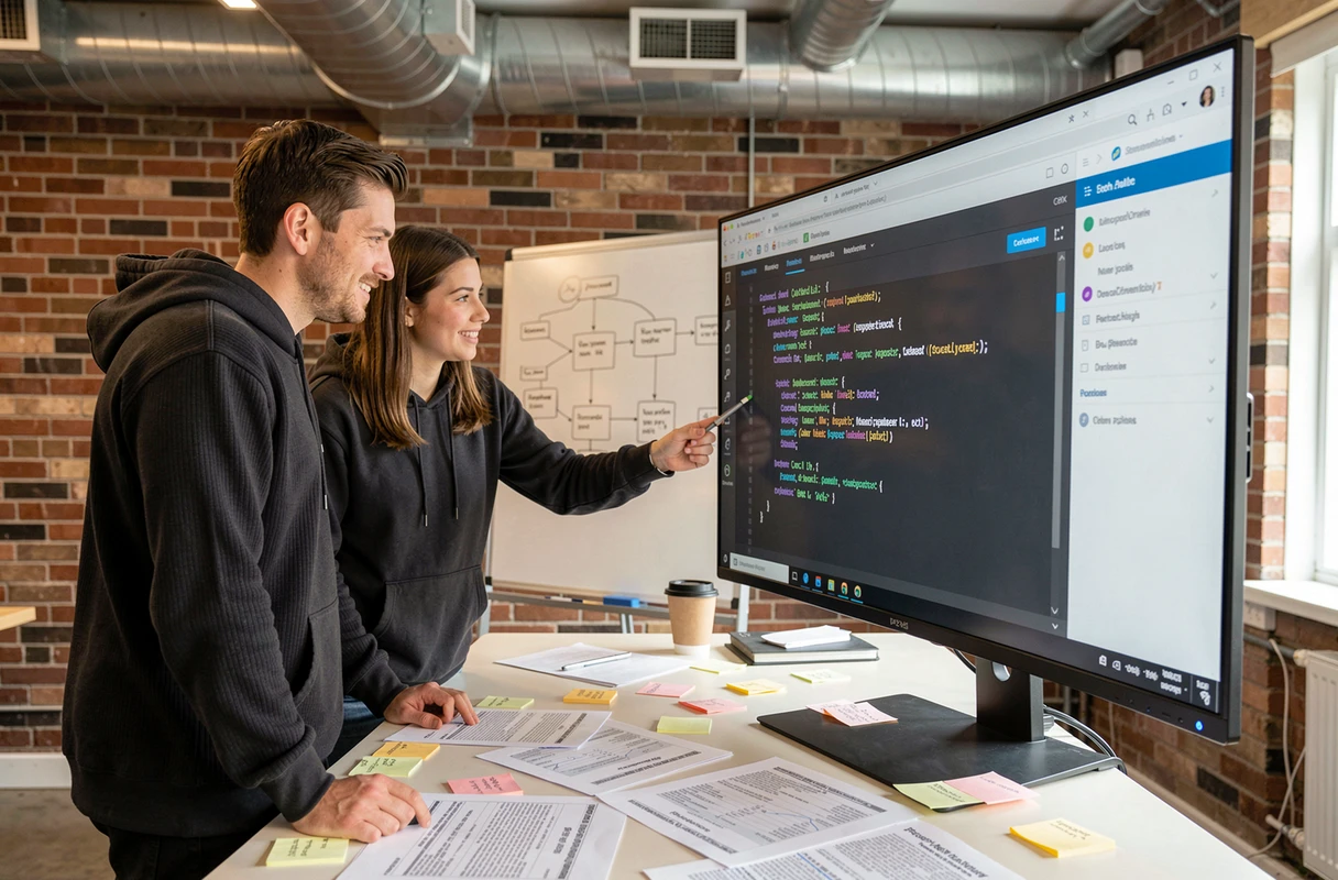 Deux développeurs logiciels collaborant sur un tableau de bord de gestion de correctifs de sécurité dans un bureau de startup