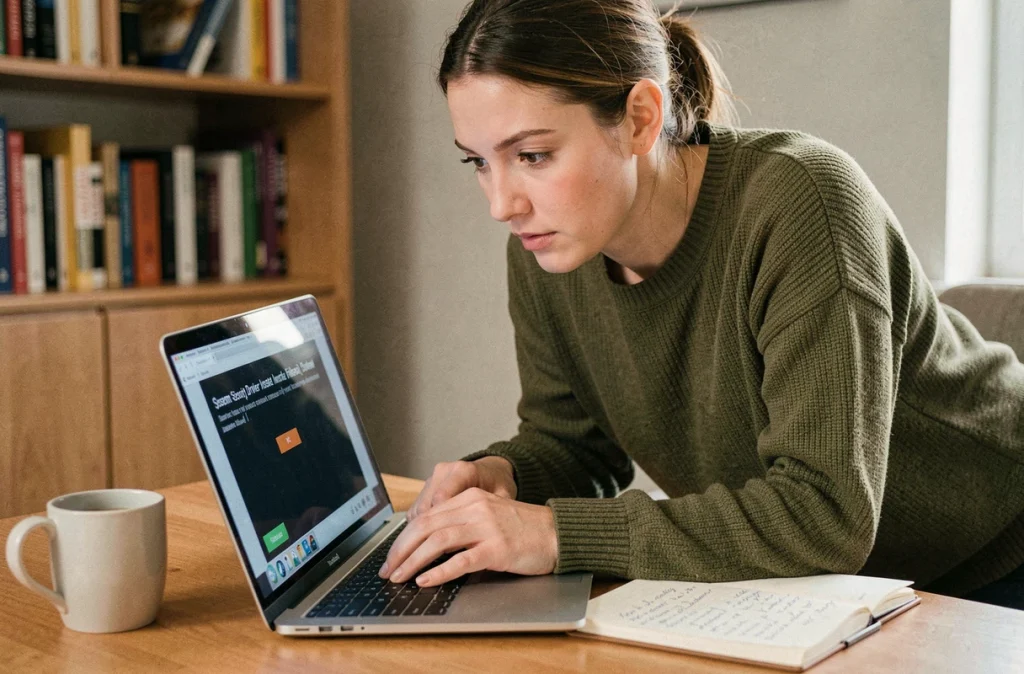 Femme diagnostiquant une erreur d'installation du pilote Vanguard sur un ordinateur portable