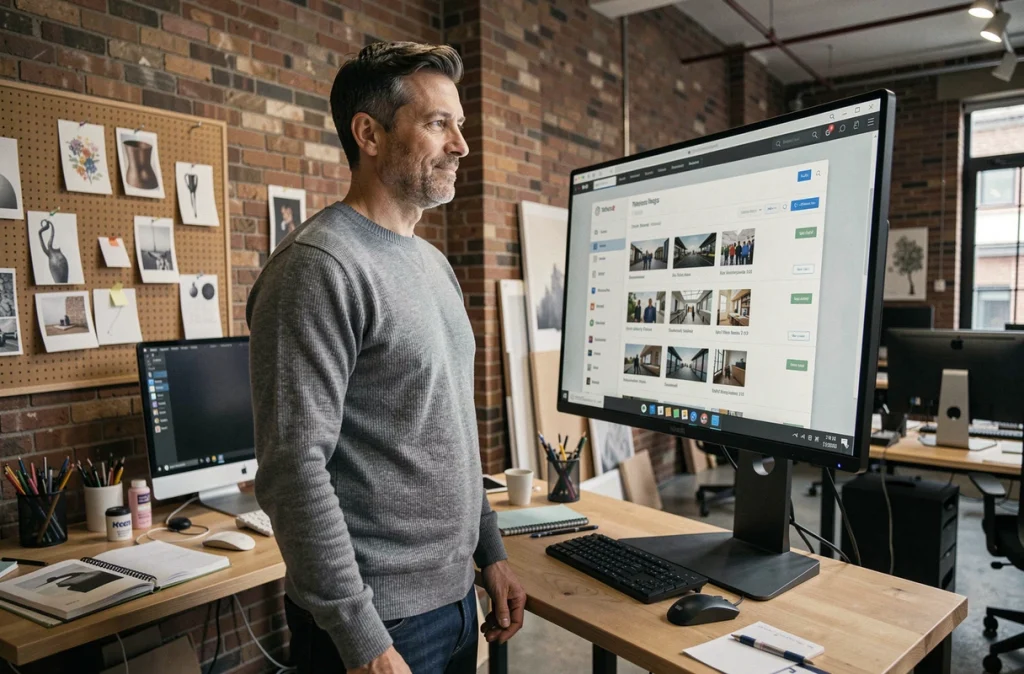 Directeur créatif masculin utilisant une solution de transfert de fichiers sécurisé dans un studio de design