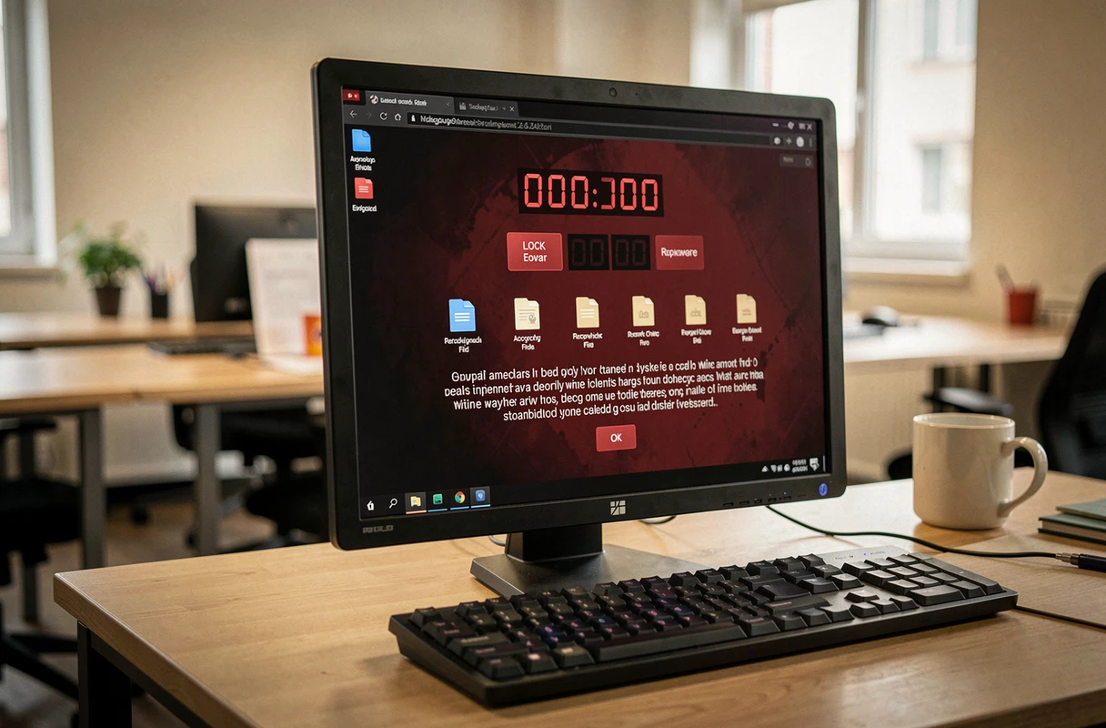 Écran d'ordinateur dans un bureau vide de petite entreprise affichant un message de rançongiciel avec minuterie et fichiers chiffrés