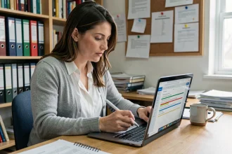 Enseignante utilisant l'extension LanguageTool sur un ordinateur portable pour corriger des copies d'élèves dans une salle des professeurs