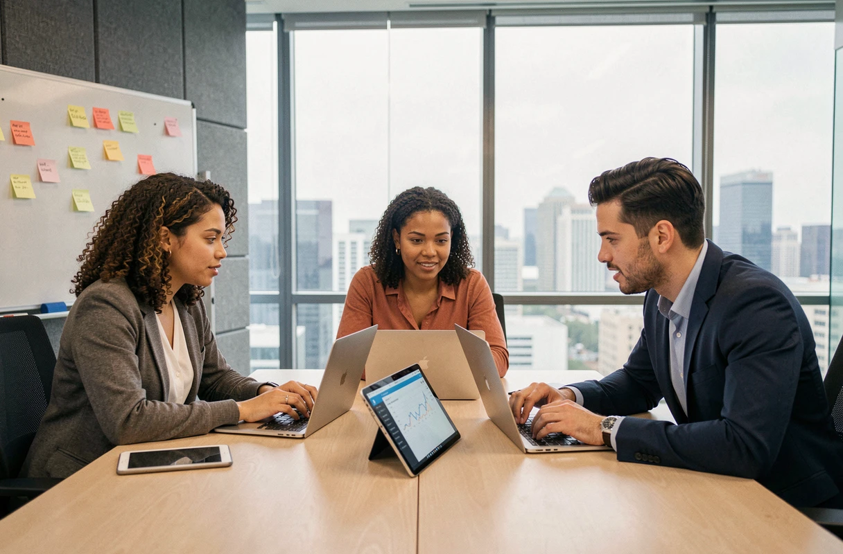 Équipe de collègues collaborant sur des documents partagés via le cloud dans une salle de réunion moderne