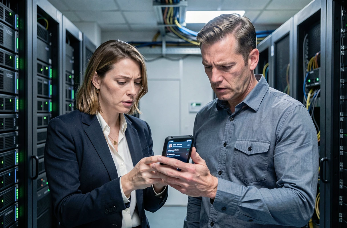 Deux professionnels IT analysant des alertes de sécurité sur un smartphone dans une salle serveurs