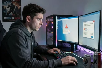 Jeune homme frustré devant un écran d'erreur Windows lié à l'installation de RIOT Vanguard