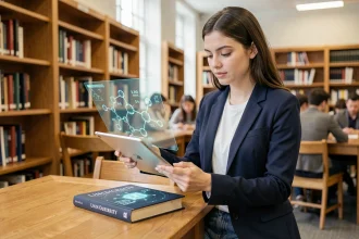 Étudiante utilisant une tablette avec réalité augmentée pour visualiser des molécules 3D dans une bibliothèque universitaire