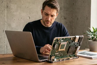 Homme examinant les composants internes d'un PC portable avec nouveau processeur sur un bureau en bois moderne
