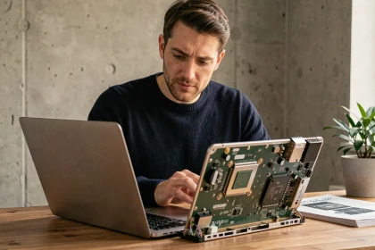 Homme examinant les composants internes d'un PC portable avec nouveau processeur sur un bureau en bois moderne