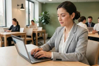 Femme professionnelle consultant ses emails sur un laptop dans un bureau moderne, comparaison webmail et client mail local
