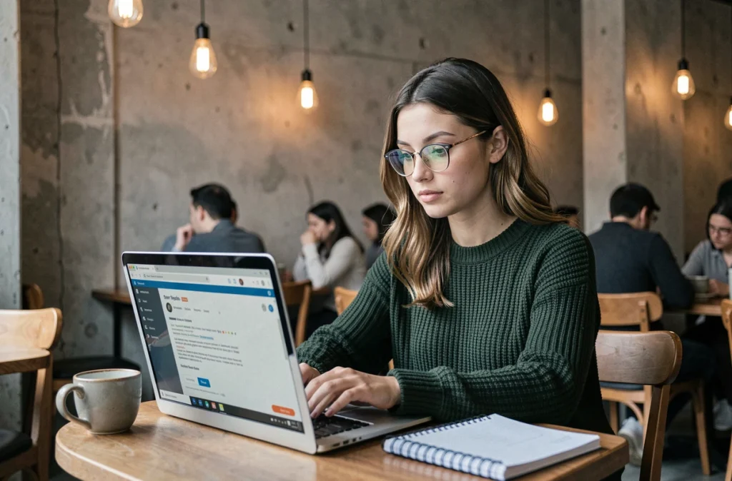 Jeune femme lisant ses emails via webmail sur un ordinateur portable dans un café urbain