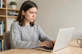 Jeune femme utilisant un service d'email jetable sur son ordinateur portable dans un bureau à domicile