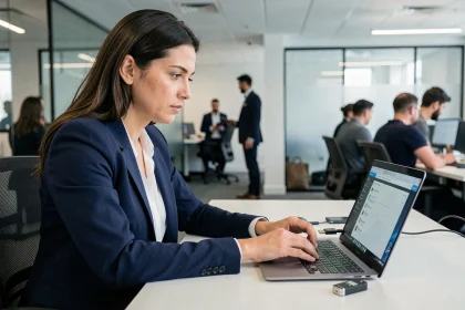 Femme professionnelle utilisant une clé de sécurité USB et un gestionnaire de mots de passe sur son ordinateur portable au bureau