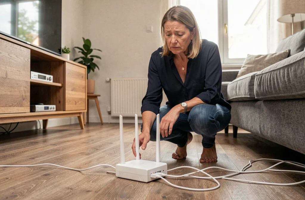 Femme inspectant un routeur Freebox posé au sol dans un salon après un problème de connexion