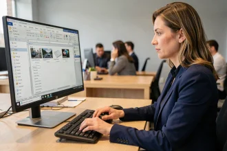 Femme utilisant les macros Microsoft Word pour automatiser des tâches répétitives dans un bureau moderne