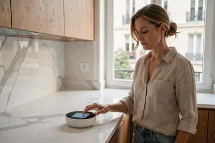 Femme française utilisant un assistant vocal connecté dans une cuisine moderne parisienne