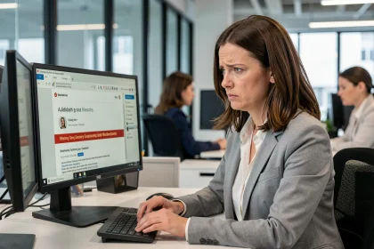 Femme en open-space scrutant un email de phishing suspect sur son écran de bureau avec une expression inquiète