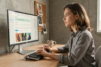 Femme professionnelle optimisant ses prompts sur une interface d'IA générative dans un studio moderne